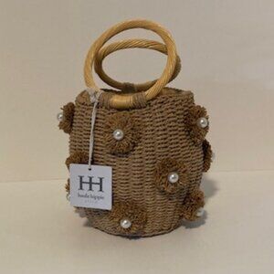 NWT Haute Hippie Woven Pearl embellished Purse with Bamboo handles